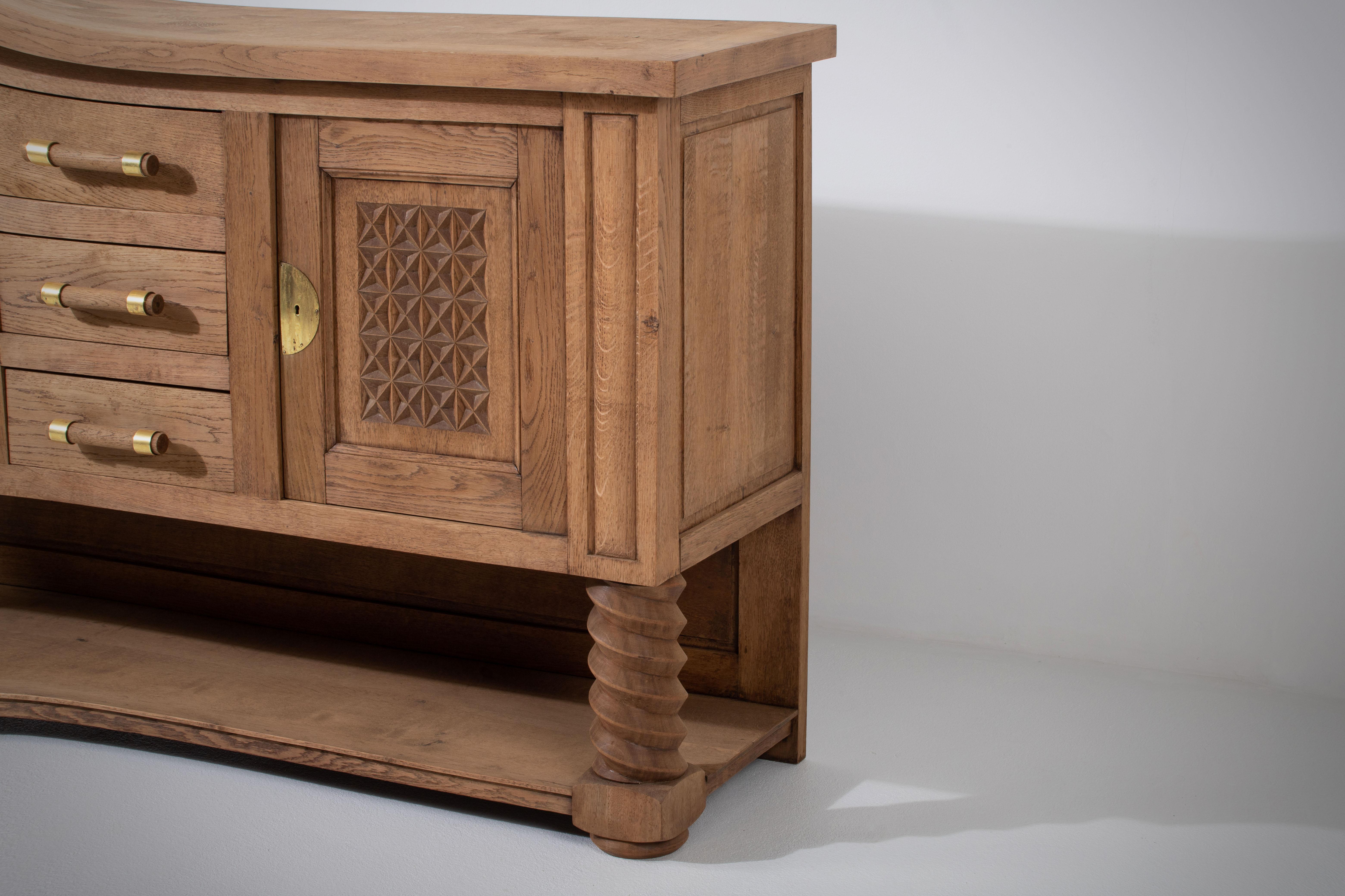 Vintage Oak Sideboard, Wine Press Legs, Geometric Carvings, France, 1940s For Sale 7