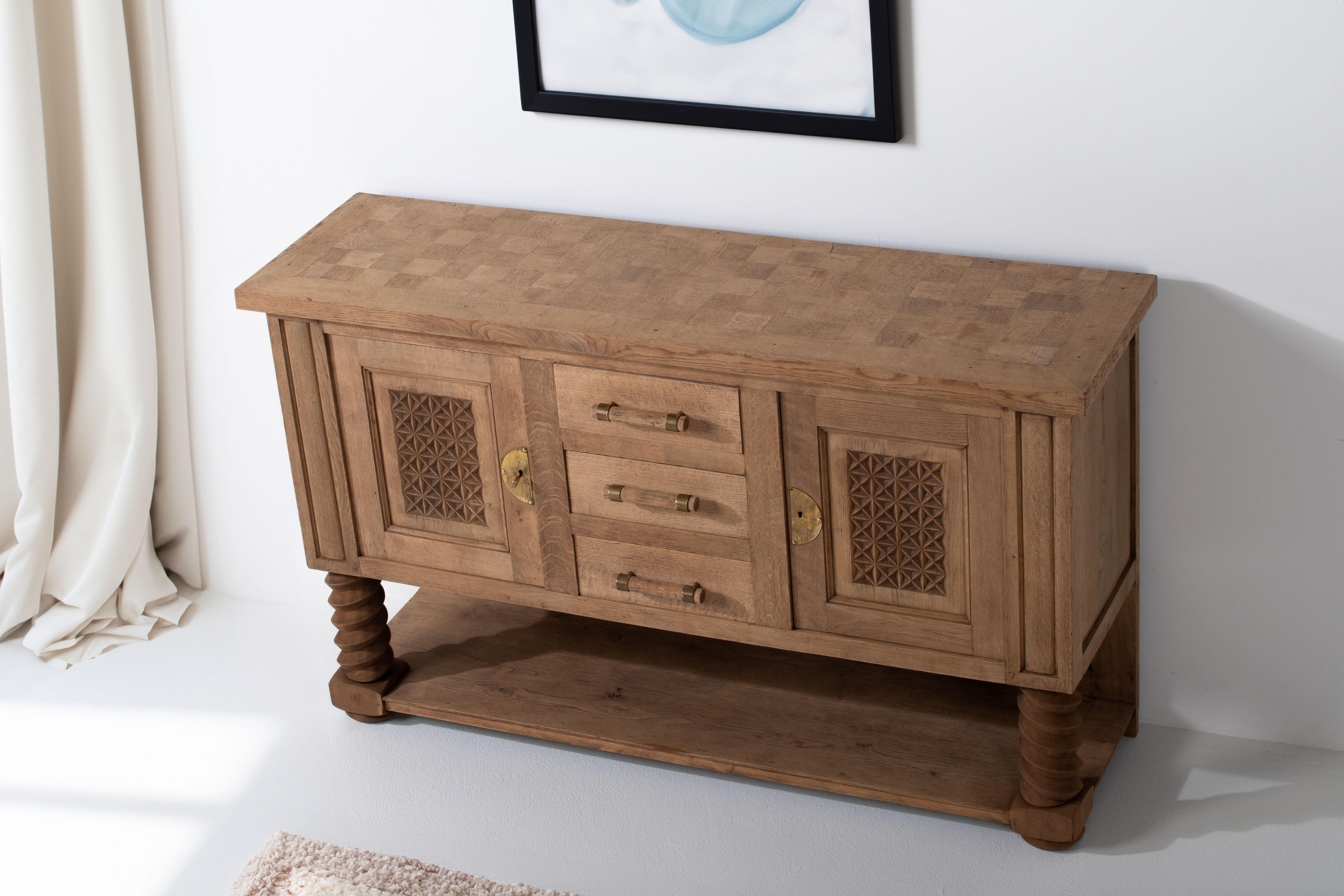 Vintage Oak Sideboard, Wine Press Legs, Geometric Carvings, France, 1940s For Sale 10