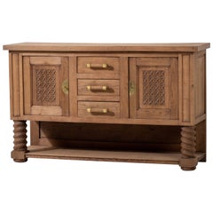 Vintage Oak Sideboard, Wine Press Legs, Geometric Carvings, France, 1940s