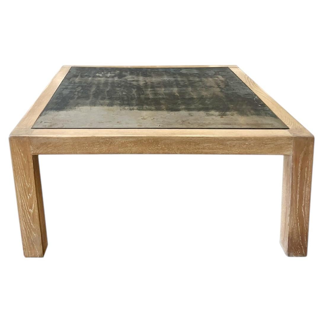 Vintage Oak & Steel Top Square Coffee Table For Sale