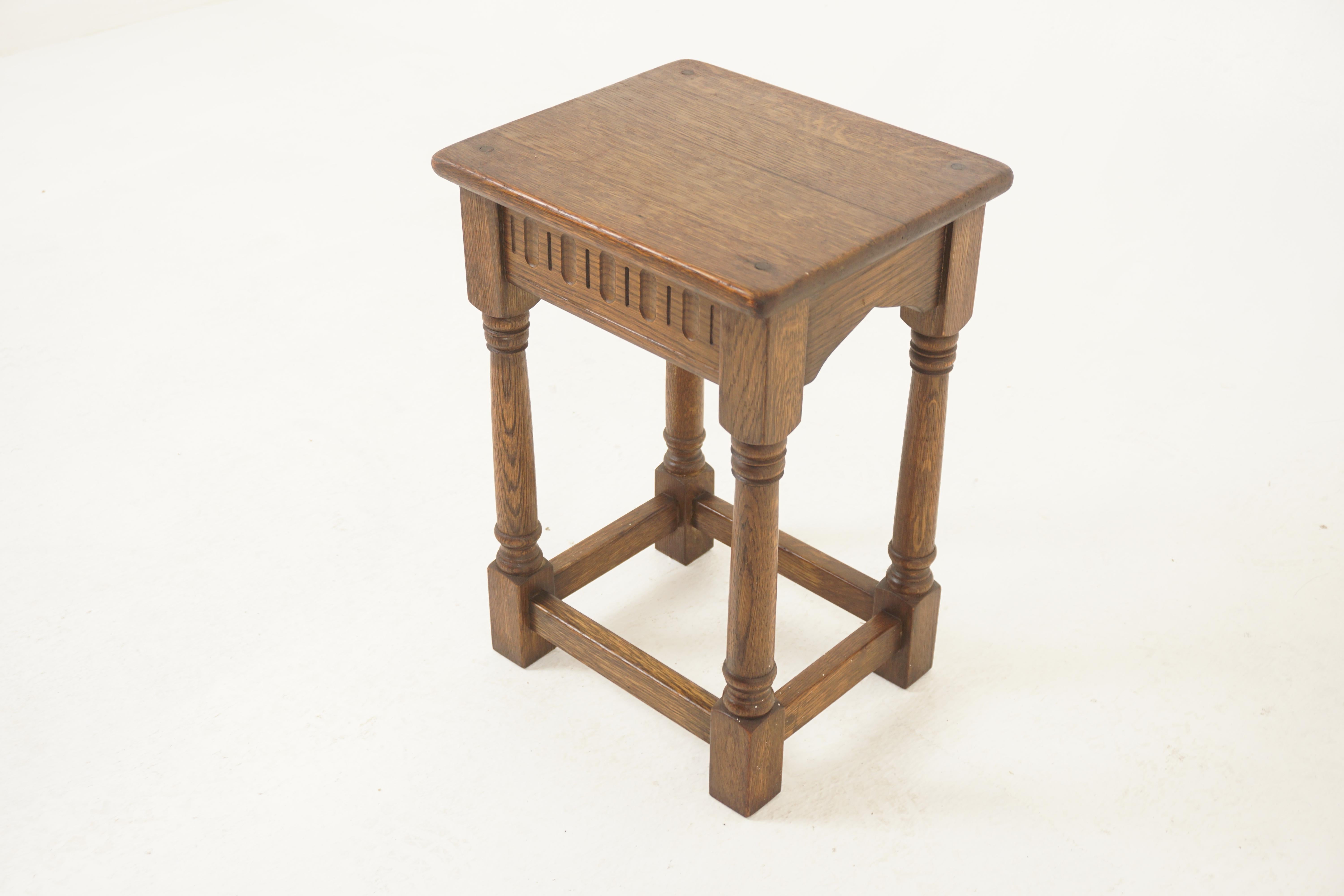 Vintage Oak Stool, End Table, Scotland 1920, H1183

Scotland 1920
Solid Oak
Original finish
Rectangular moulded top
With carved top rail
Standing on slightly splayed legs
With pegged joints
Supported by a base stretcher
Original colour
Very sturdy