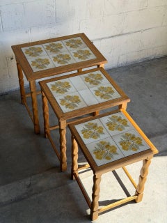 Vintage Oak Tile Top Nesting Tables Set of 3 Denmark Mid-Century Modern 1970s