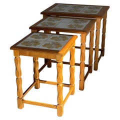 Vintage Oak Tile Top Nesting Tables Set of 3 Denmark Mid-Century Modern 1970s