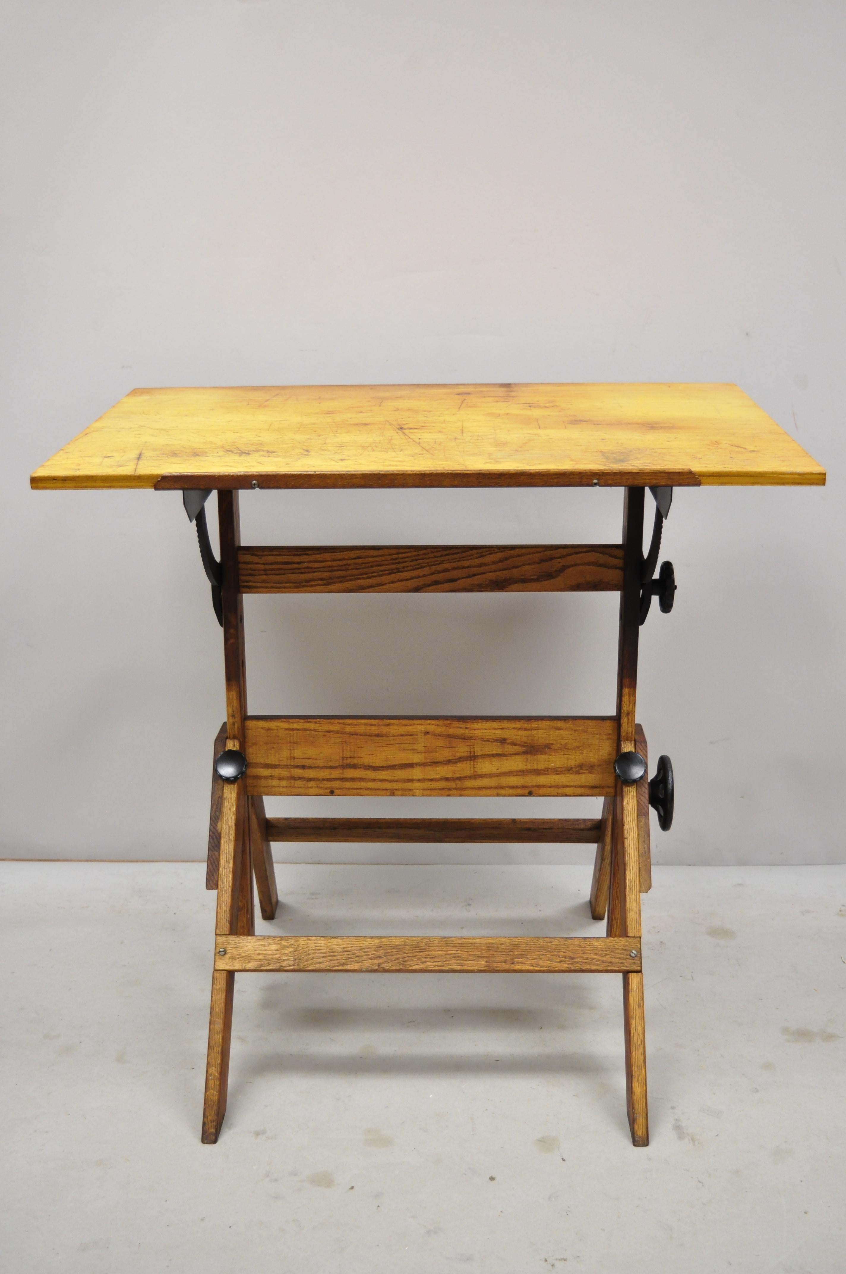 Oakwood and Cast Iron Adjustable Small Drafting Table Attributed to Hamilton 2
