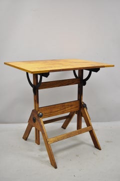 Oakwood and Cast Iron Adjustable Small Drafting Table Attributed to Hamilton