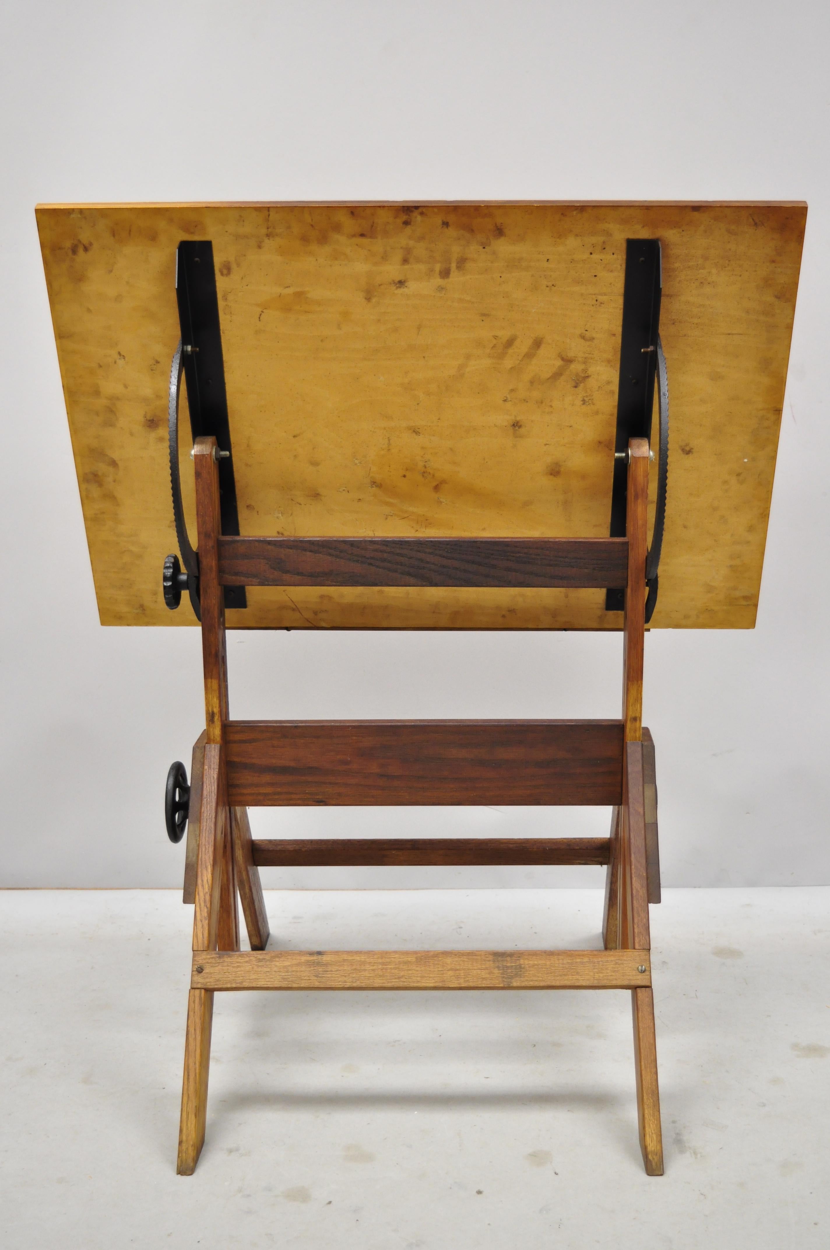 North American Oakwood and Cast Iron Adjustable Small Drafting Table Attributed to Hamilton