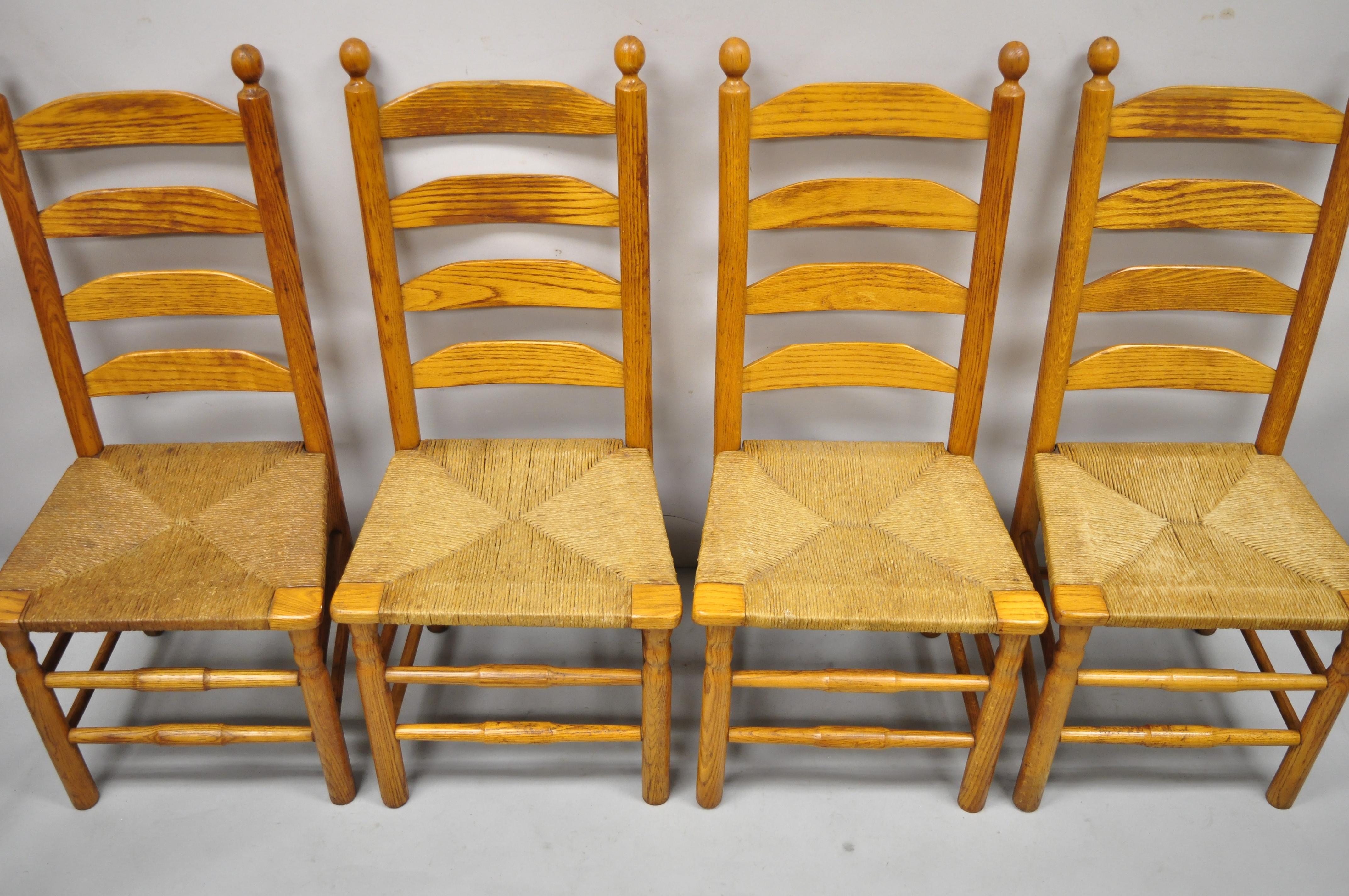 North American Vintage Oak Wood Rush Seat Tall Ladderback Dining Room Rustic Chairs, Set of 6