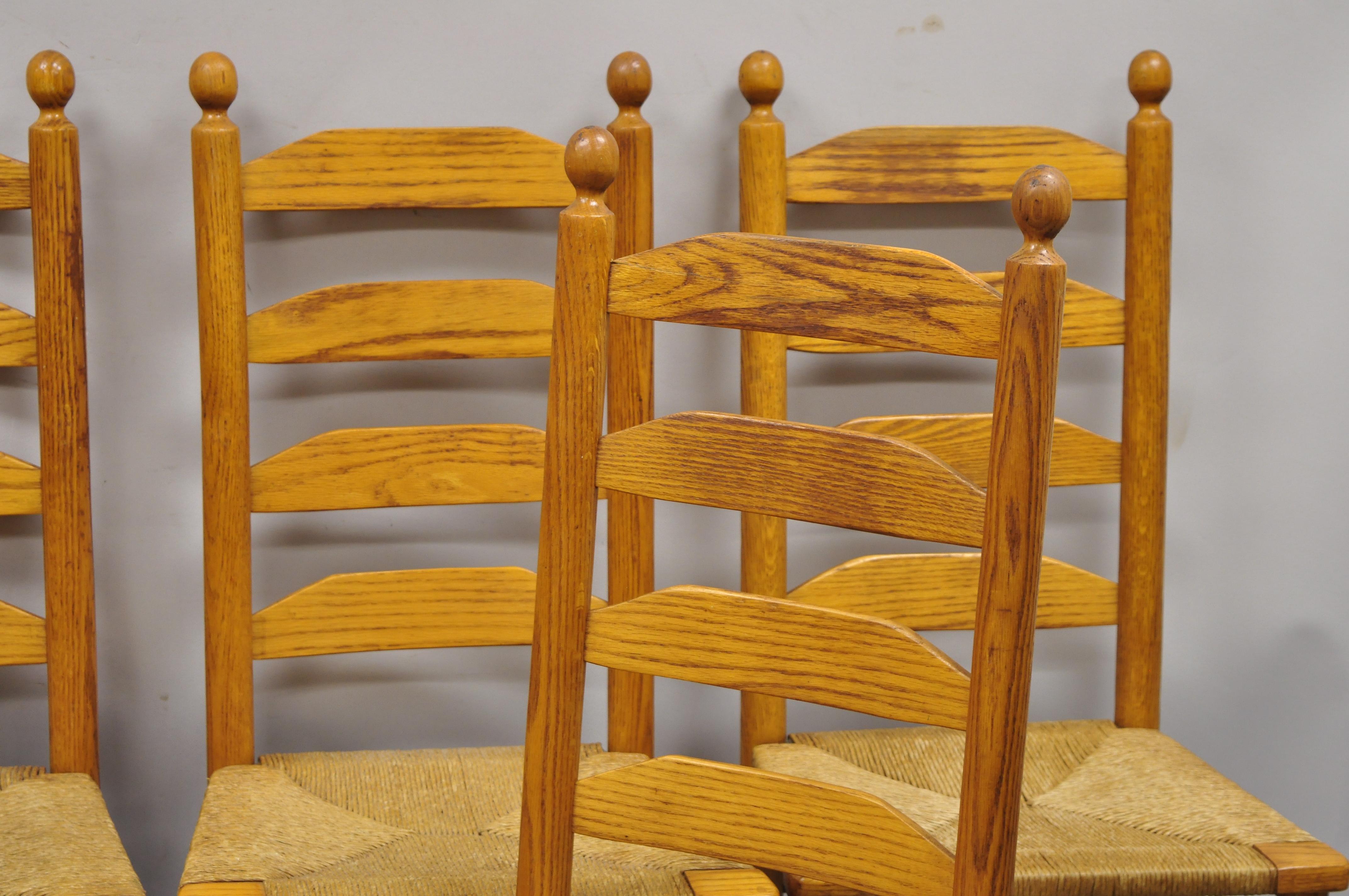 Vintage Oak Wood Rush Seat Tall Ladderback Dining Room Rustic Chairs, Set of 6 In Good Condition In Philadelphia, PA