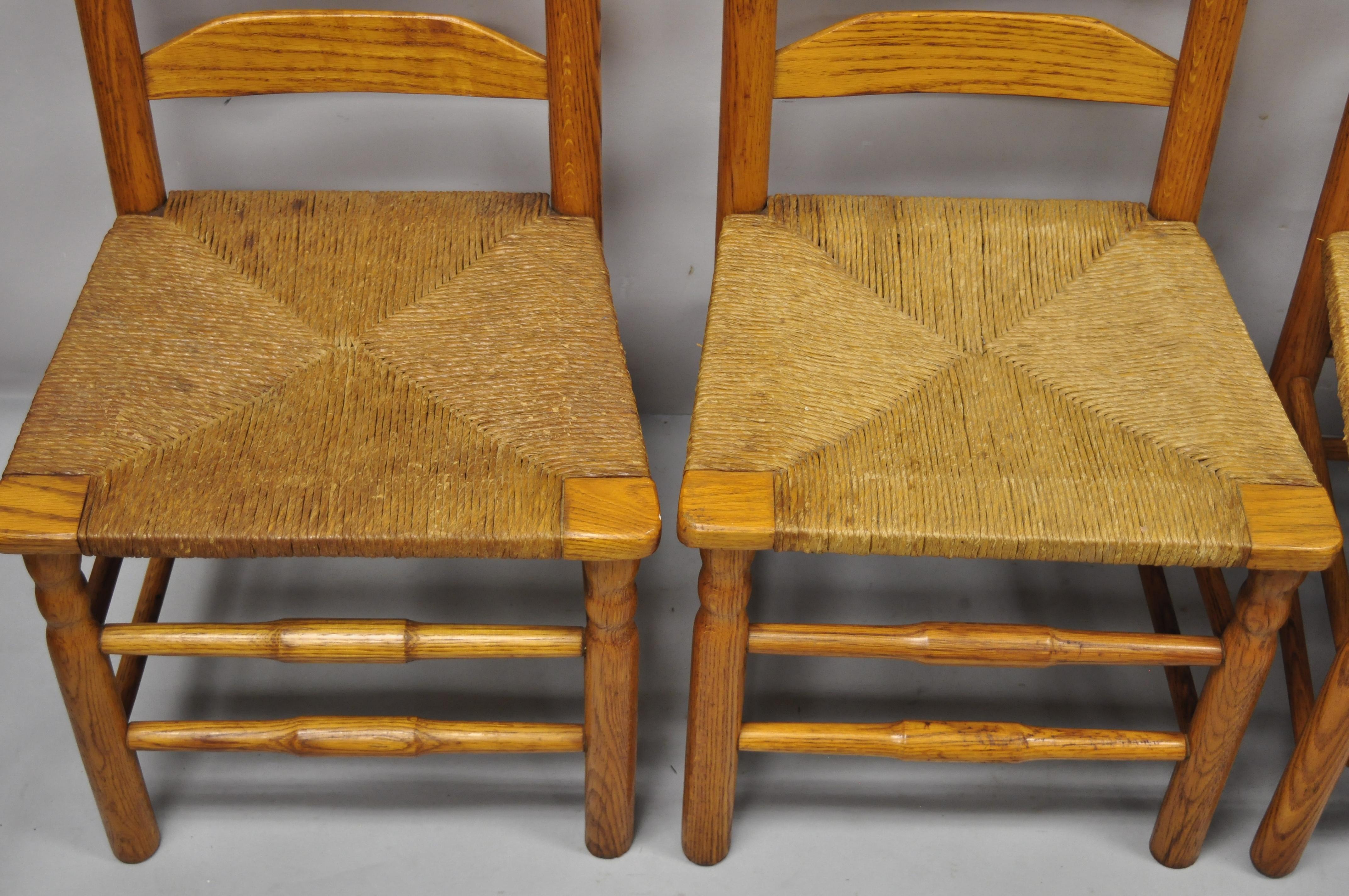 20th Century Vintage Oak Wood Rush Seat Tall Ladderback Dining Room Rustic Chairs, Set of 6