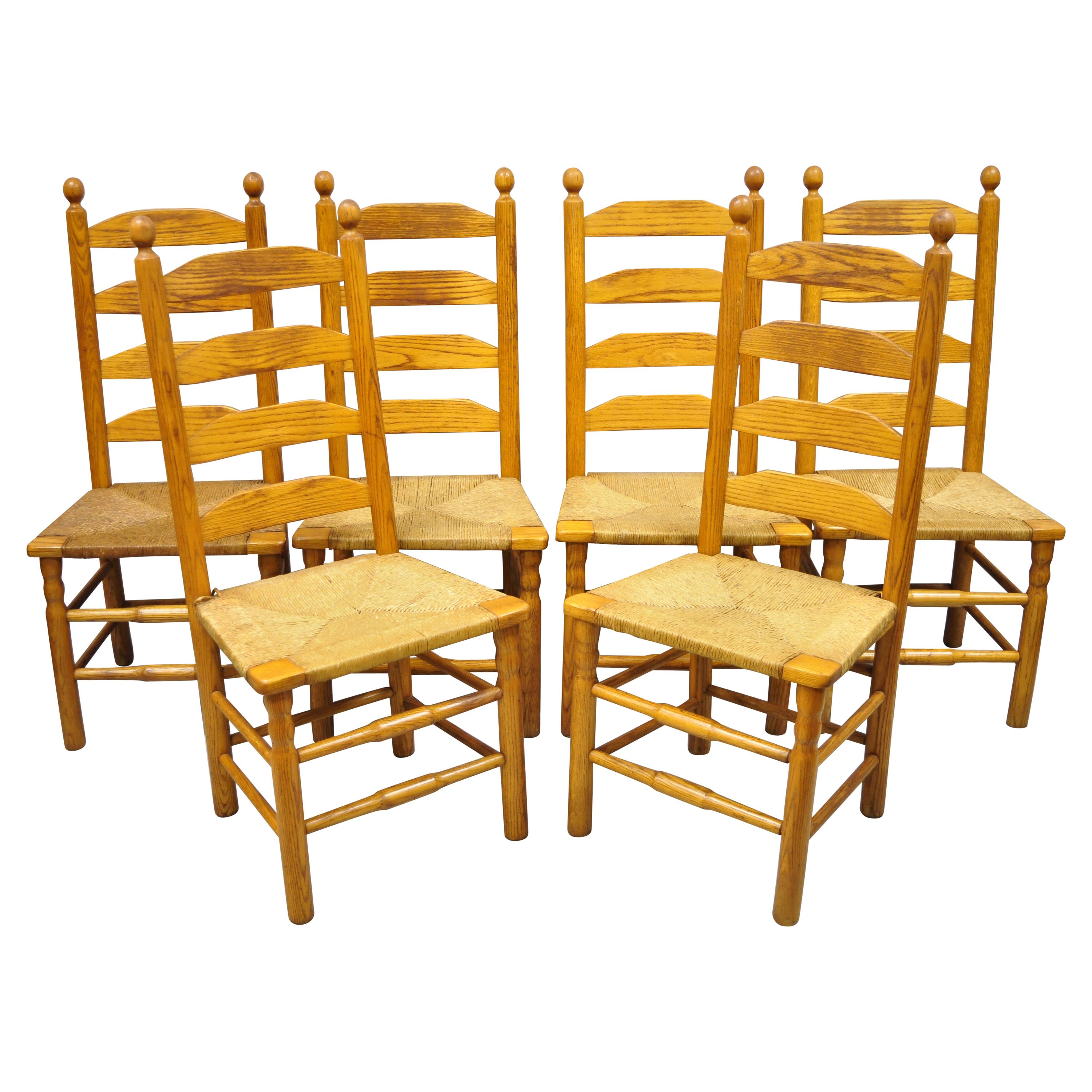 Vintage Oak Wood Rush Seat Tall Ladderback Dining Room Rustic Chairs, Set of 6
