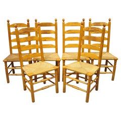 Retro Oak Wood Rush Seat Tall Ladderback Dining Room Rustic Chairs, Set of 6