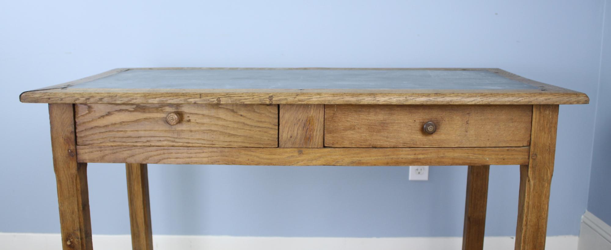 French Vintage Oak Writing Table or Desk with Zinc Top