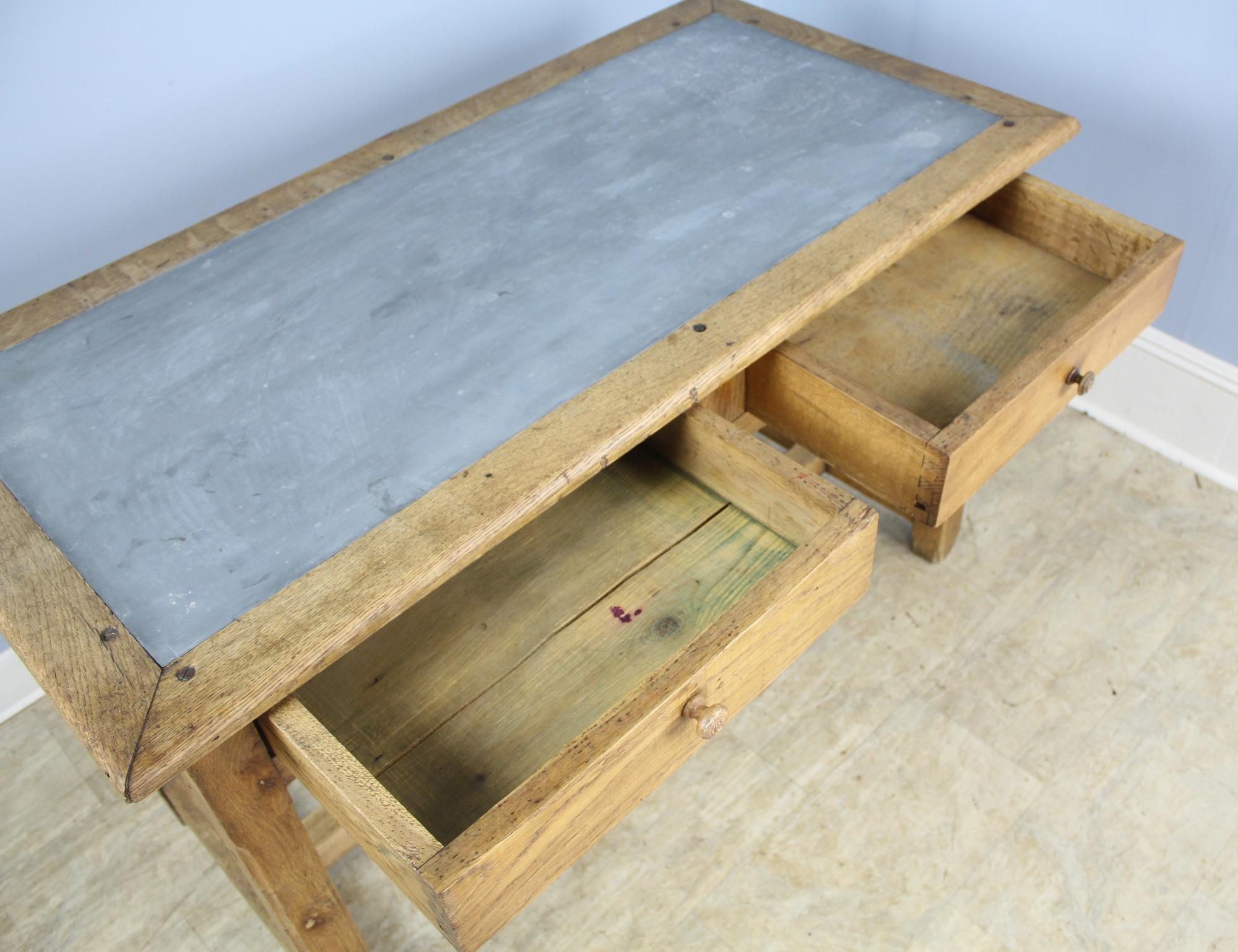 Vintage Oak Writing Table or Desk with Zinc Top 1