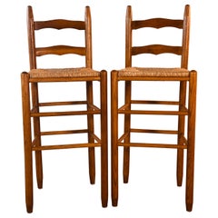 Vintage Eichenholz Barhocker mit Rush Sitze:: Paar