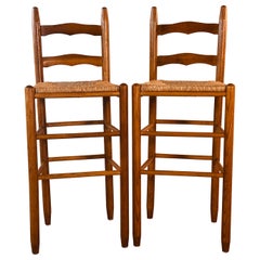 Vintage Oakwood Bar Stool with Rush Seats, Pair