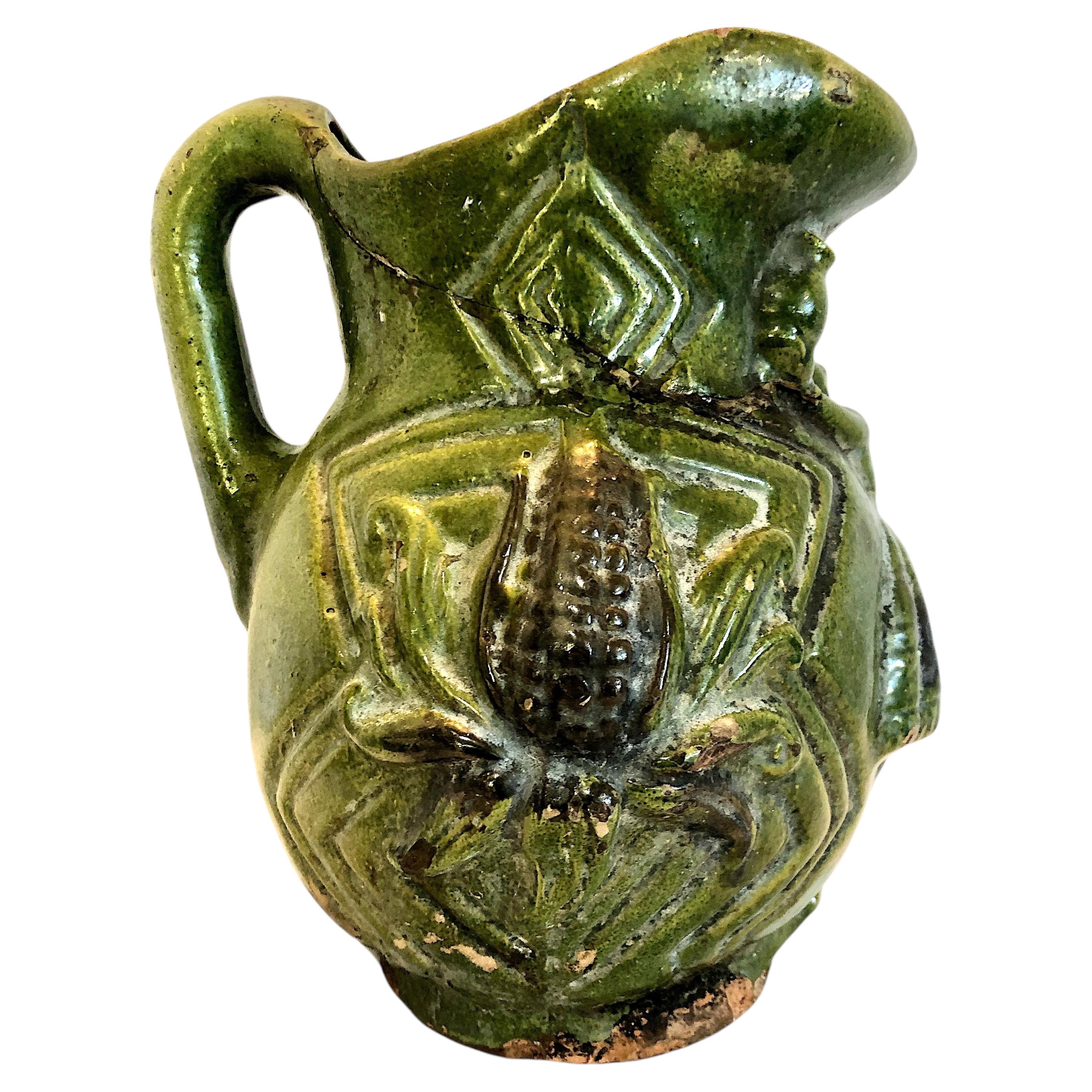 Vintage Oaxacan Glazed Pottery Pitcher with Maize and a Woman For Sale