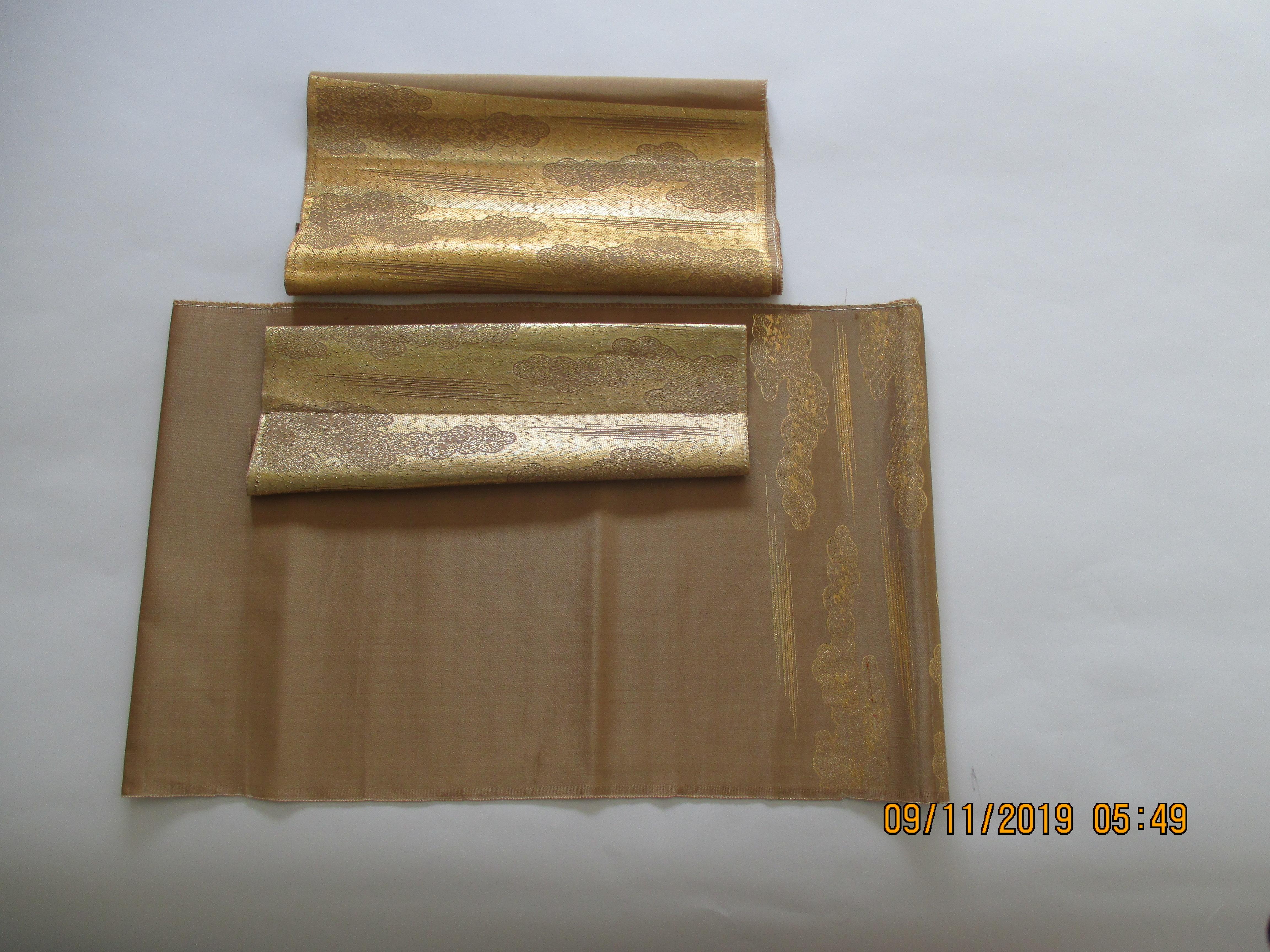 Japonisme Vintage Obi Silk Textile with Clouds on Gold