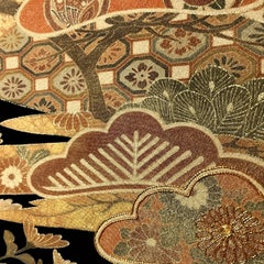 Vintage obi textile art " Pines Through Seasons " by ikasu Black Beige Japan