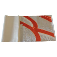 Vintage Obi Textile Fragment Natural and Orange Undulating Pattern