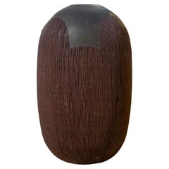 Vintage Oblong Wood Vase with Textured Ridged Sides