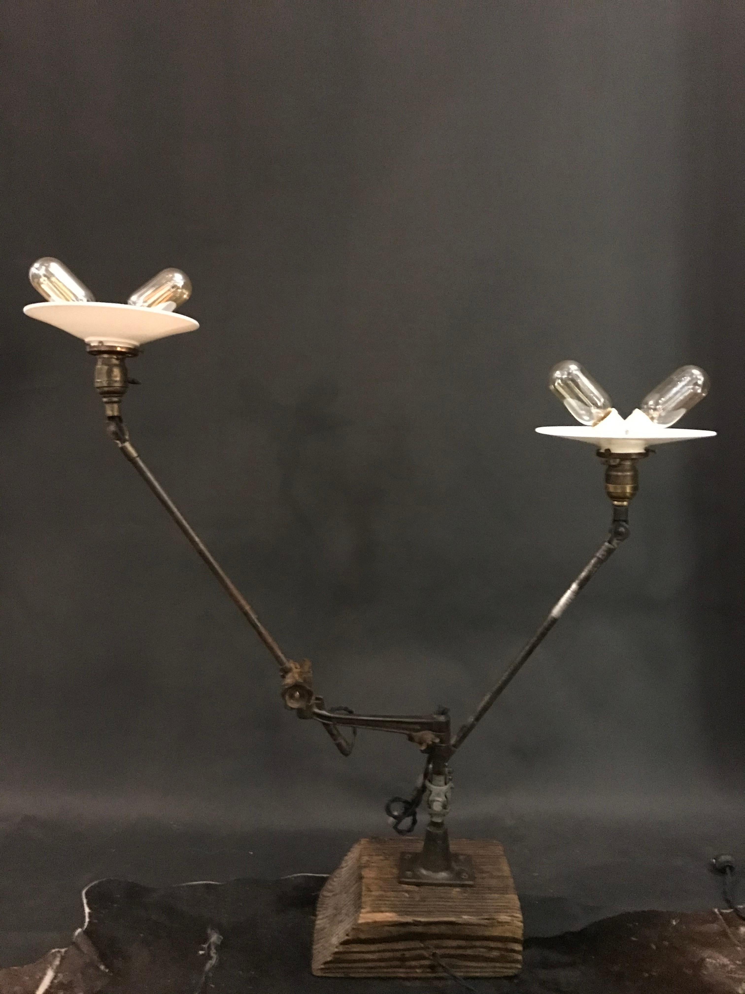 American Vintage O.C. White Two Arm Task Lamp Assemblage on Reclaimed Mantle Wood Base For Sale