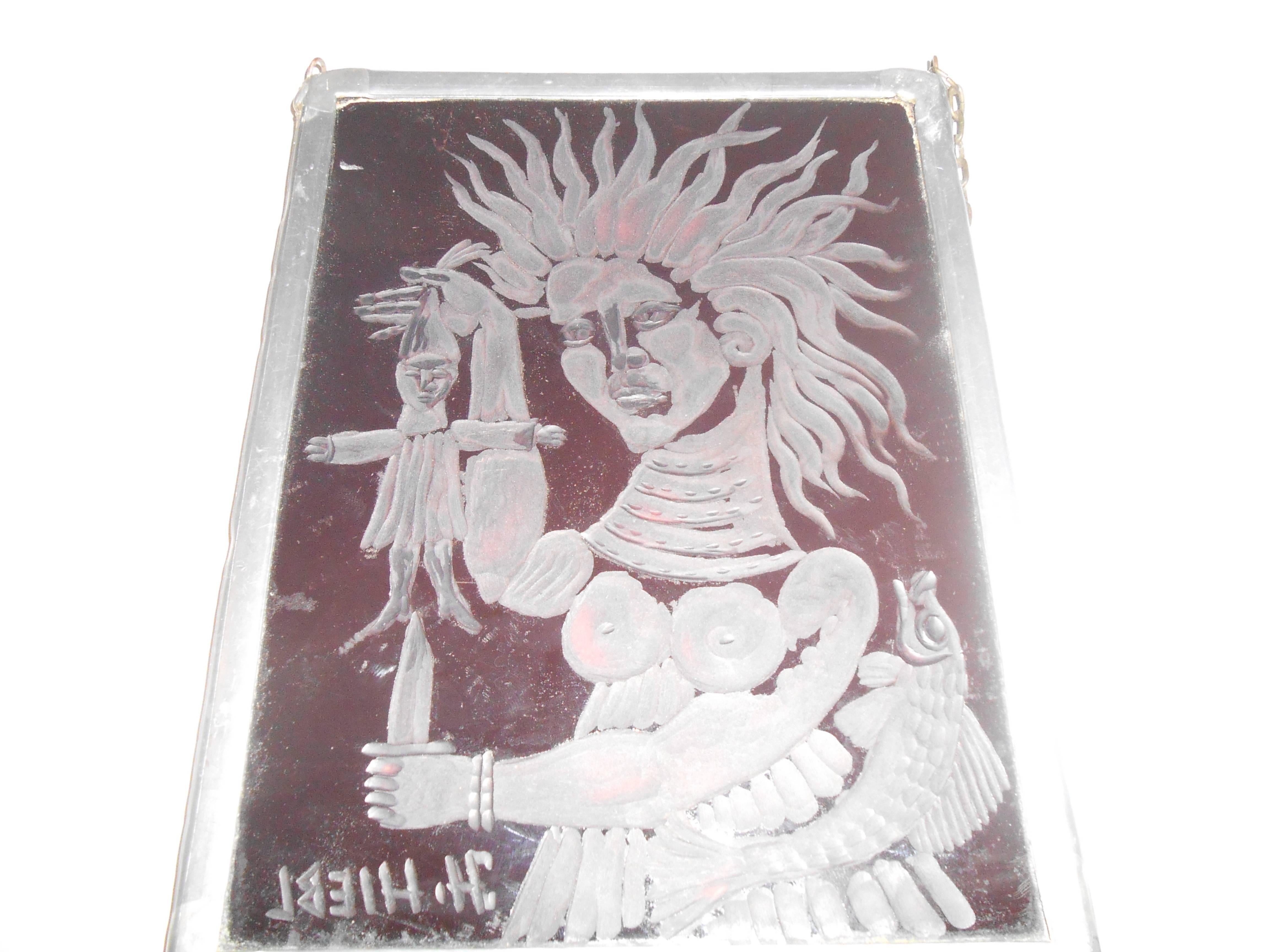 Brutalist Vintage Occult Wall Plaque in Etched Glass by Austrian Artist H. Hiebl, 1970s For Sale