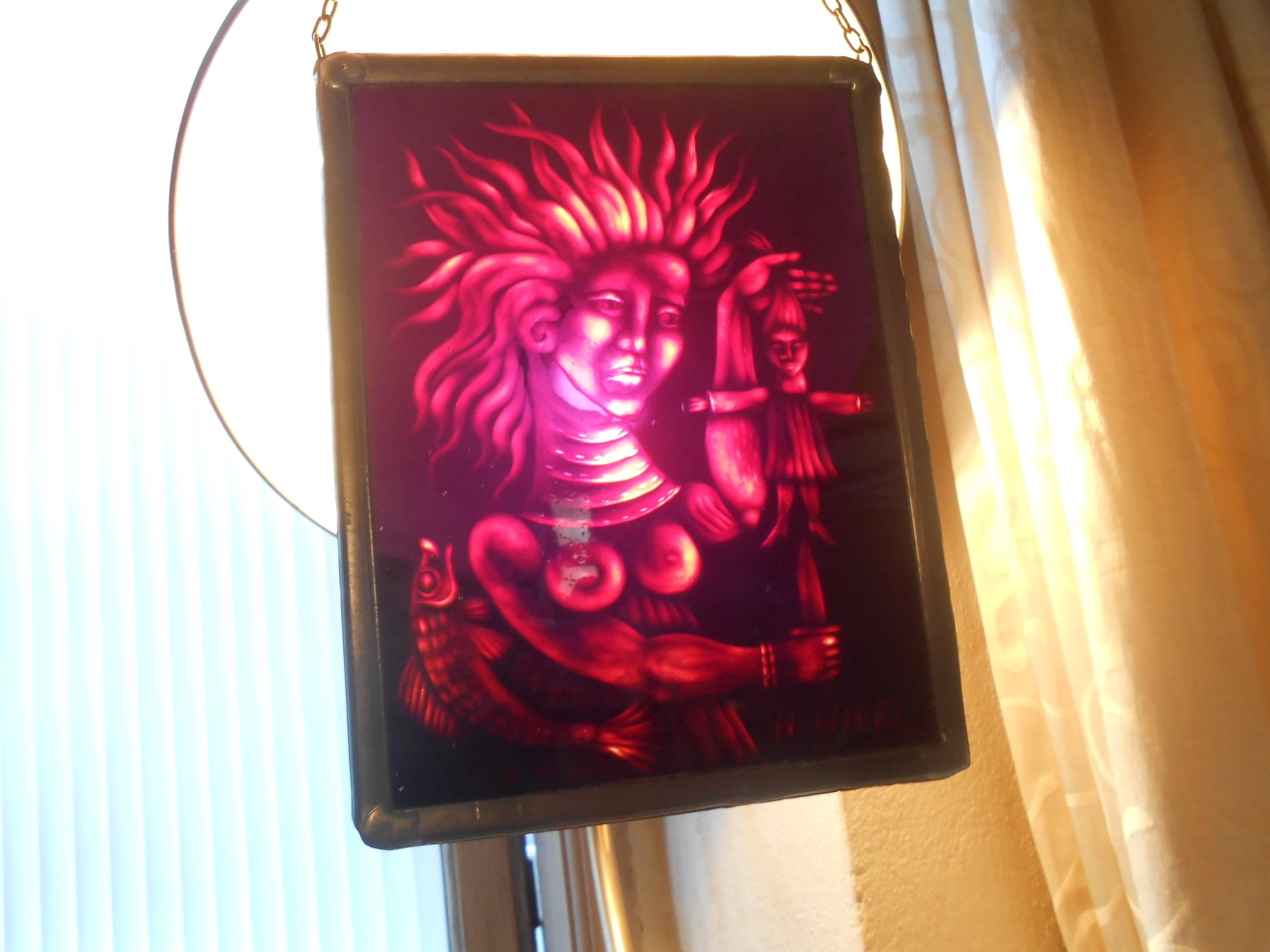Vintage Occult Wall Plaque in Etched Glass by Austrian Artist H. Hiebl, 1970s In Good Condition For Sale In Esbjerg, DK
