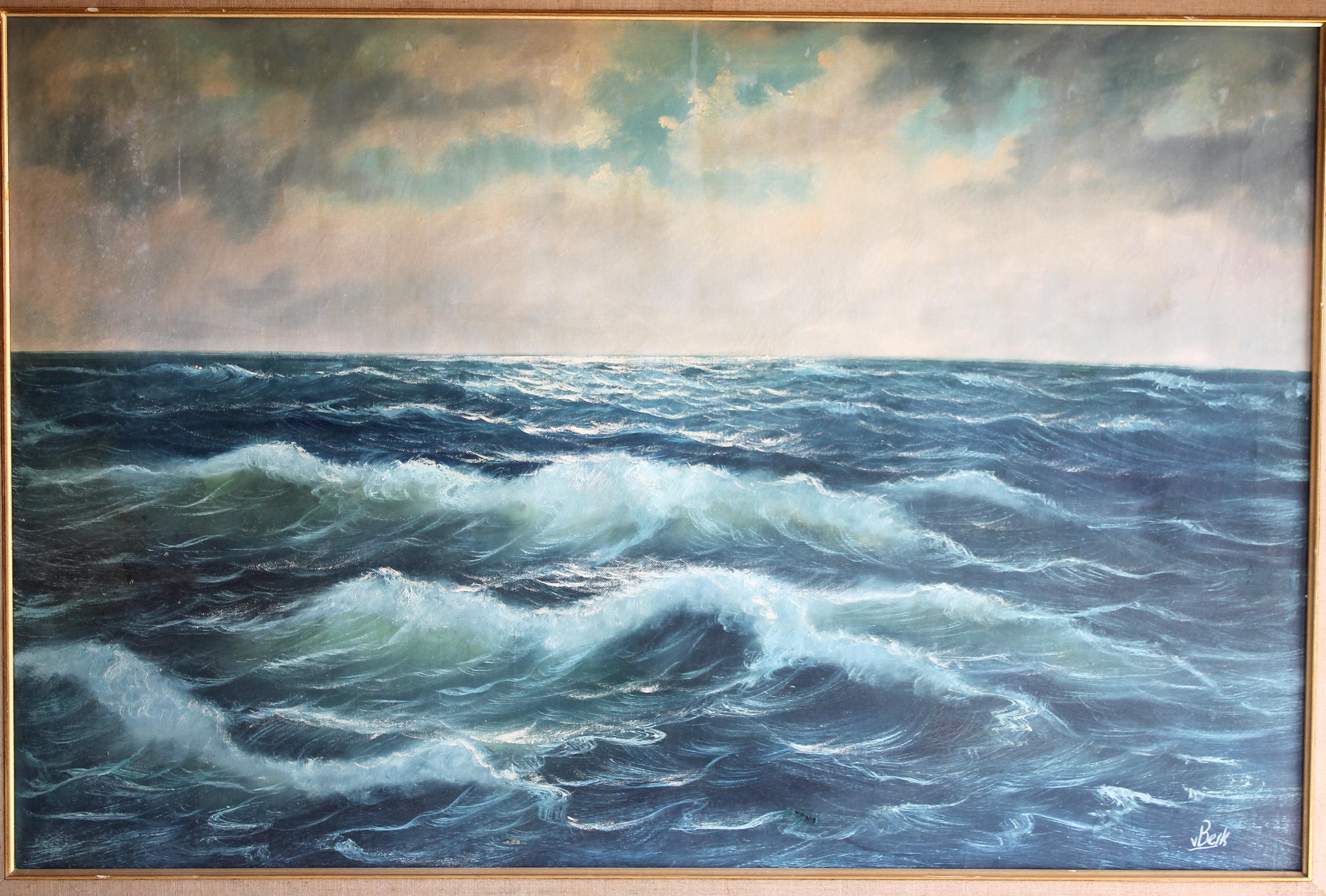 Vintage ocean oil painting in giltwood frame by German Artist V. Berk
Measures: 44
