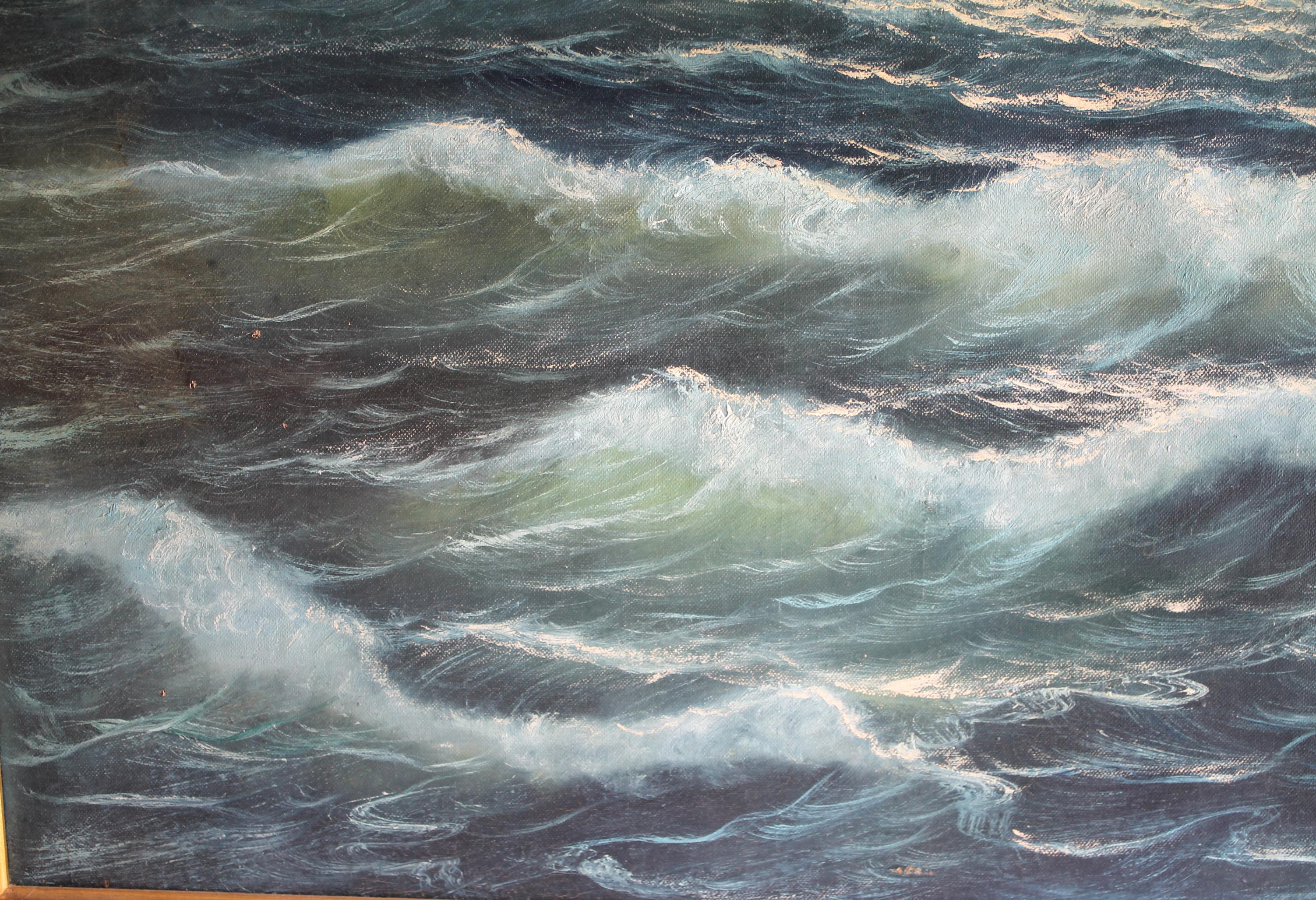 Vintage Ocean Oil Painting in Giltwood Frame by German Artist V. Berk In Good Condition In Brea, CA