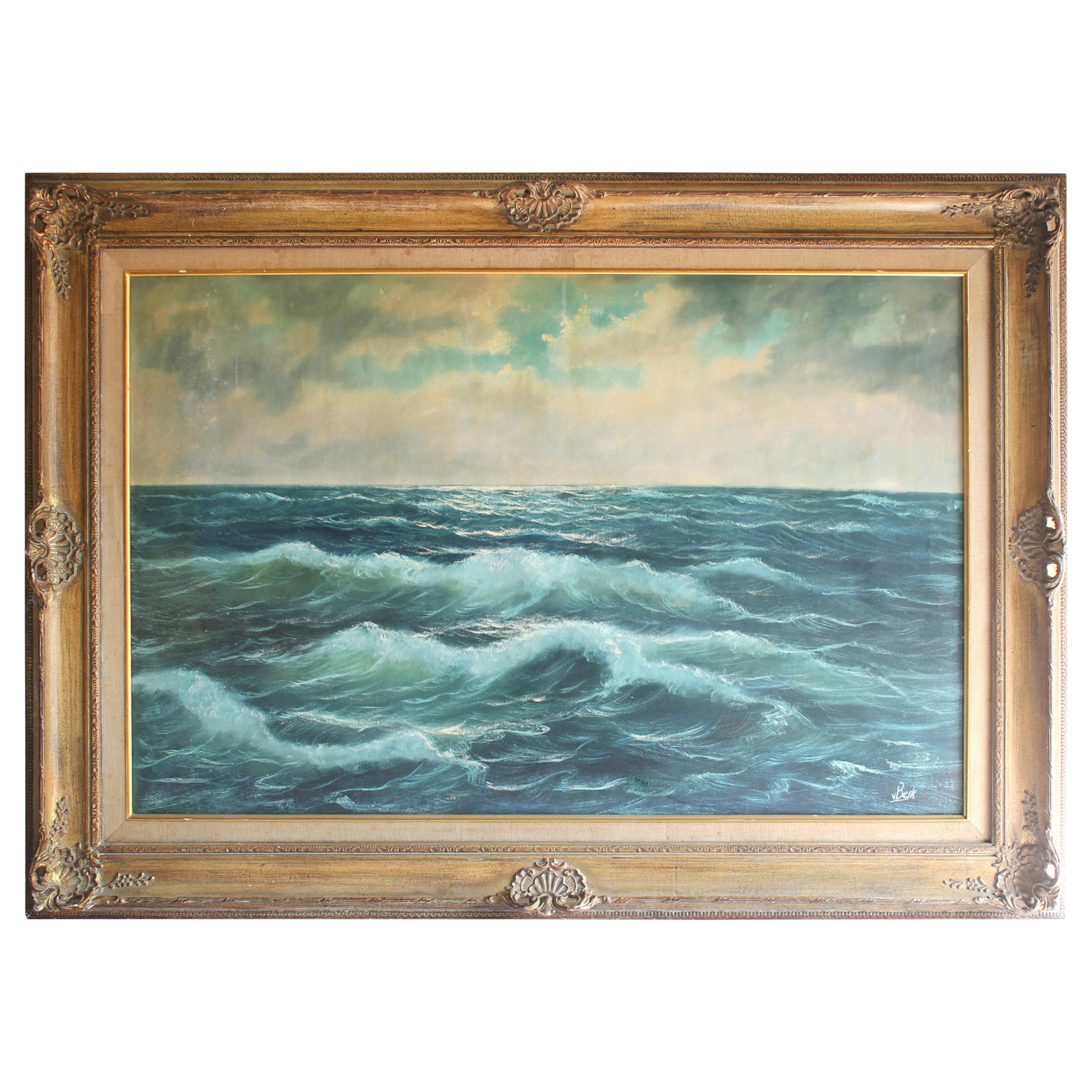 Vintage Ocean Oil Painting in Giltwood Frame by German Artist V. Berk