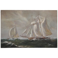 Vintage Ocean Sailboat Ship Oil on Canvas Painting