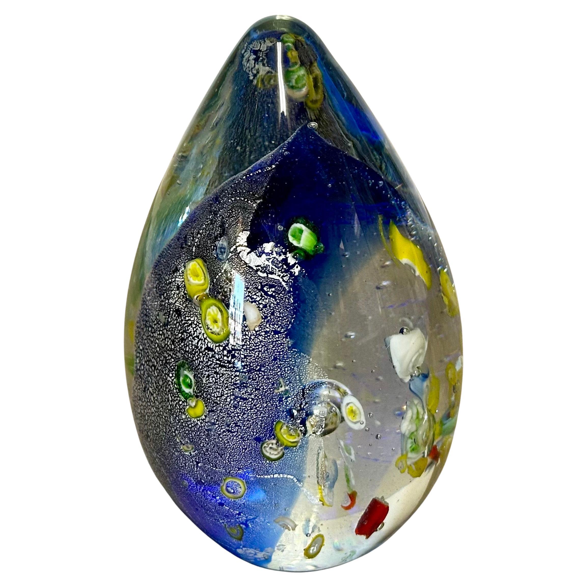 Vintage "Ocean" Scene Art Glass Egg Paperweight in the Style of Murano of Italy