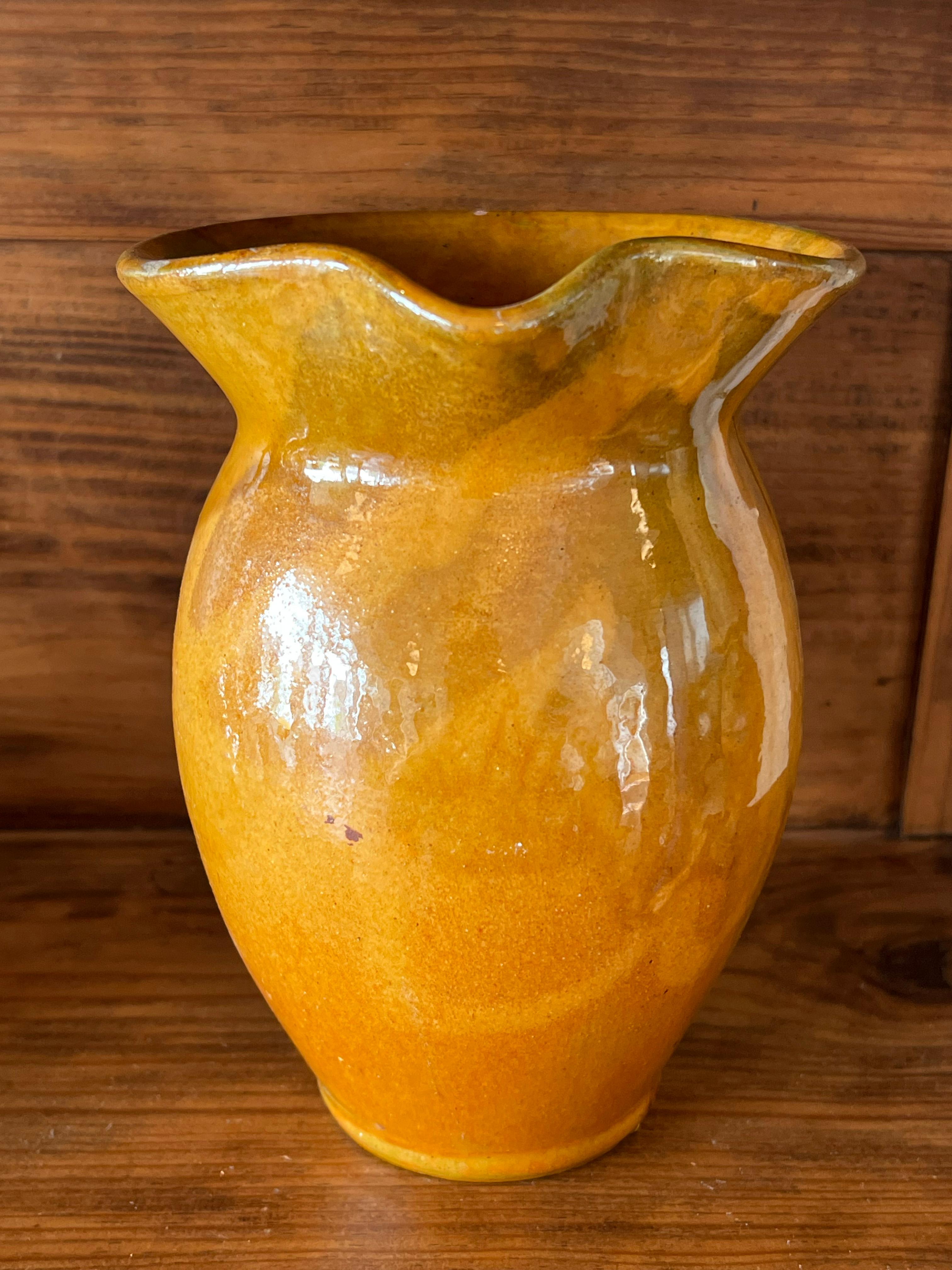 Mid-Century Modern Vintage ochre-coloured pitcher from the Biot factory in Provence, France For Sale