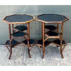 Vintage Octagon Burnt Bamboo Side Tables - A Pair