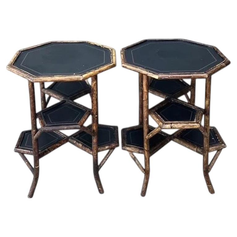 Vintage Octagon Burnt Bamboo Side Tables - A Pair