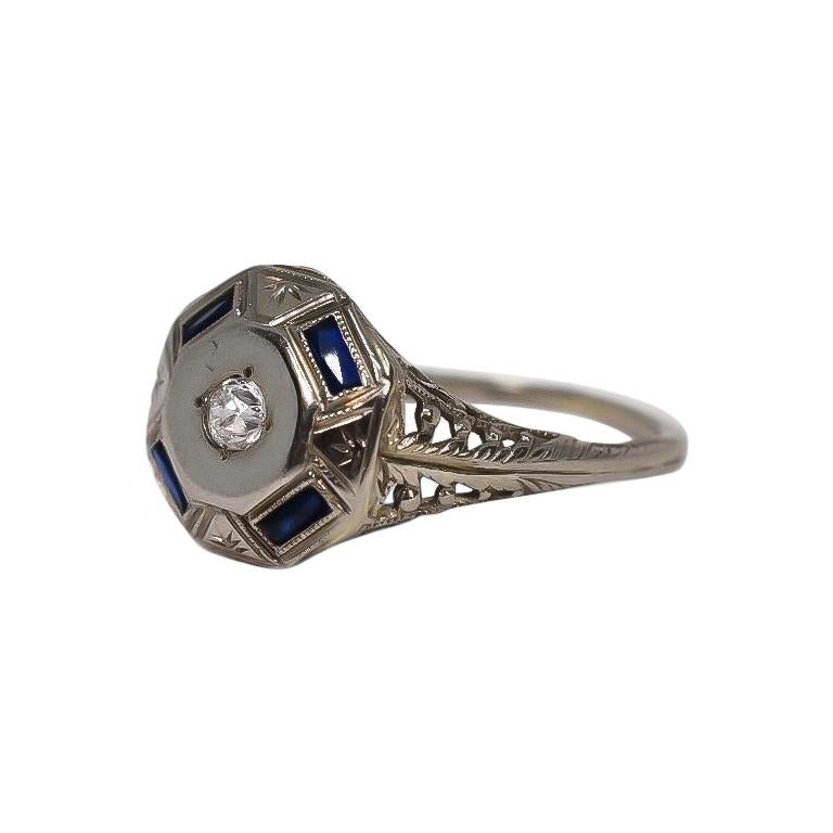 Vintage Octagon Sapphire and Diamond Ring 18 Karat White Gold