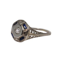 Vintage Octagon Sapphire and Diamond Ring 18 Karat White Gold
