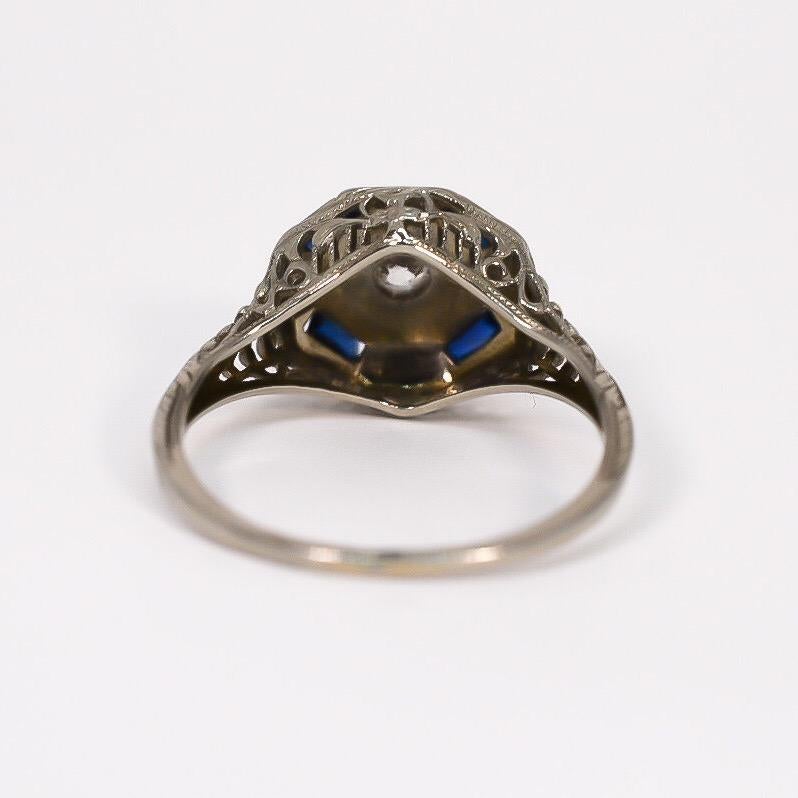 Art Deco Vintage Octagon Sapphire and Diamond Ring 18 Karat White Gold