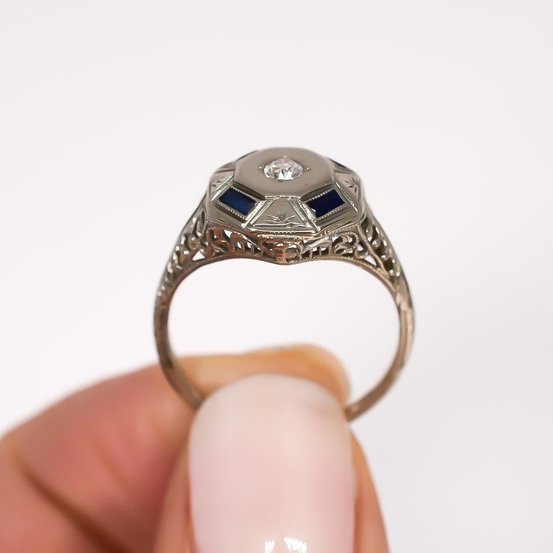 Old European Cut Vintage Octagon Sapphire and Diamond Ring 18 Karat White Gold