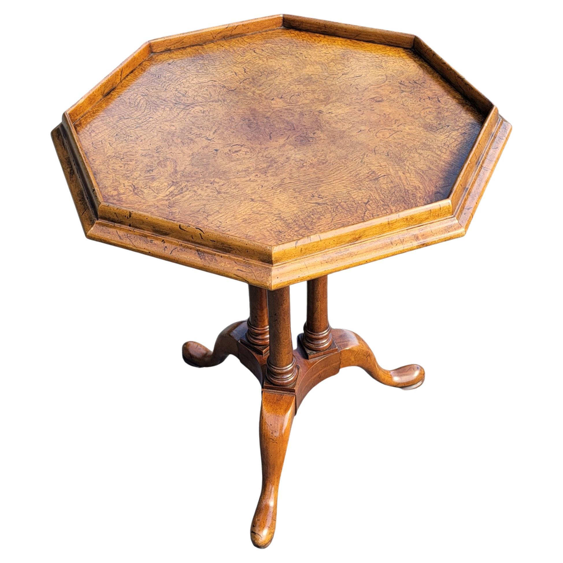 Vintage Octagonal Walnut Burlwood Tri-leg Pedestal accent lamp table or drink table. Trip leg pedestal terminating with tri-feet for greater stability. Table is very sturdy and in good vintage condition with very minor wear. Measures 20