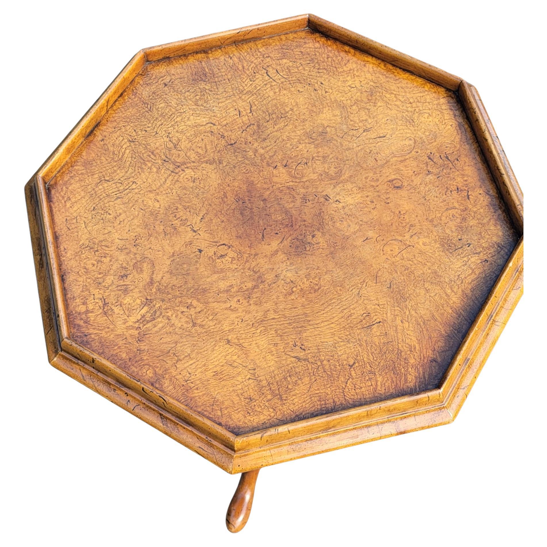 Mid-Century Modern Vintage Octagon Walnut Burlwood Tri-leg Pedestal Lamp Table or Drink Table