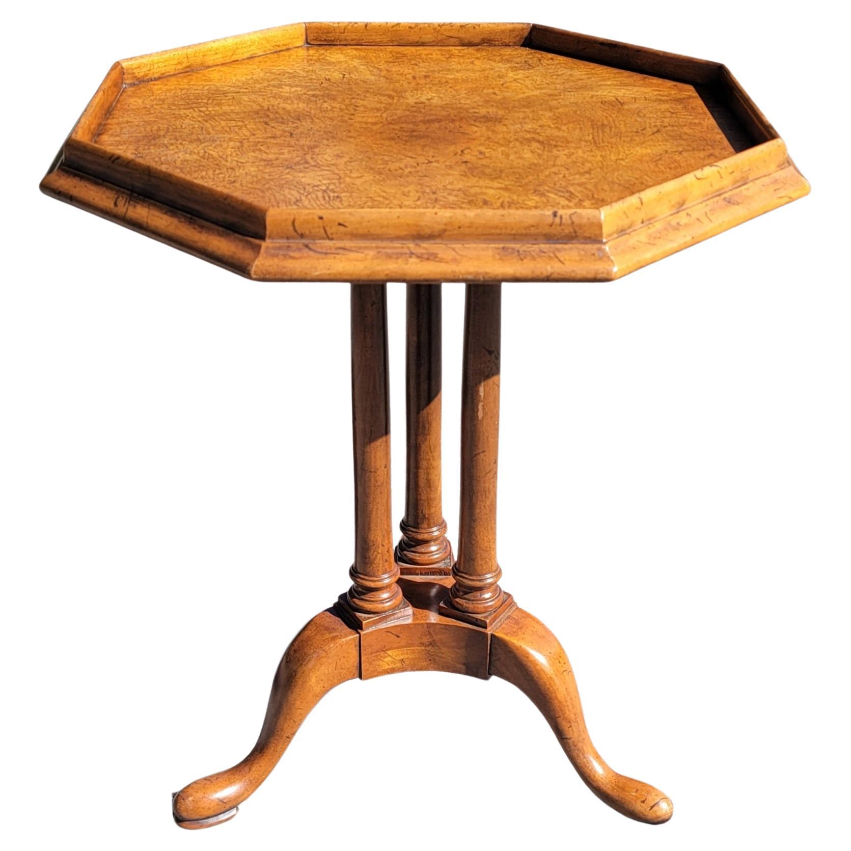 Vintage Octagon Walnut Burlwood Tri-leg Pedestal Lamp Table or Drink Table In Good Condition In Germantown, MD