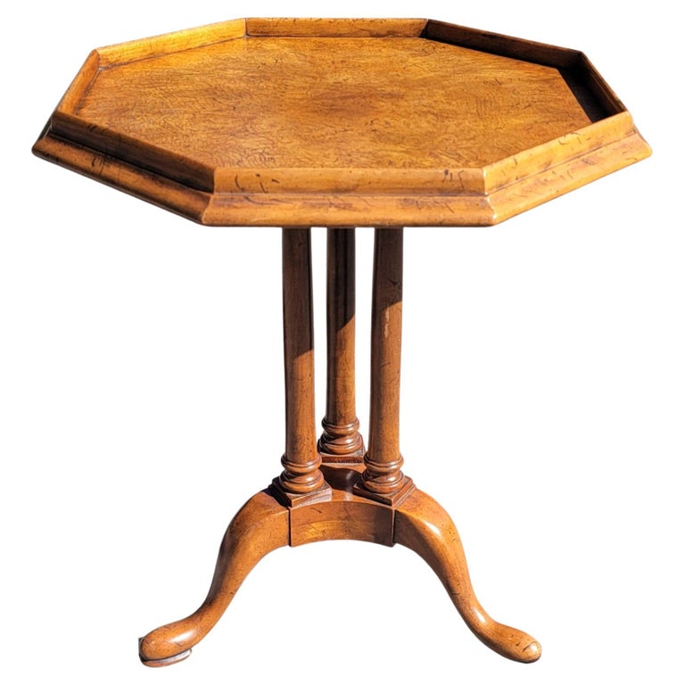 Vintage Octagon Walnut Burlwood Trileg Pedestal Lamp Table or Drink