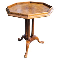 Vintage Octagon Walnut Burlwood Tri-leg Pedestal Lamp Table or Drink Table