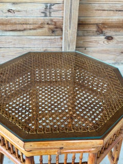 Vintage Octagonal Bamboo and Cane Side Table With Glass Top