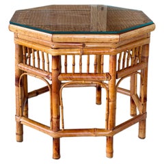 Vintage Octagonal Bamboo and Cane Side Table With Glass Top