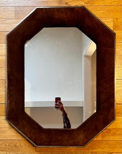 Vintage Octagonal Brass and Brown Suede Wall Mirror, 1970's