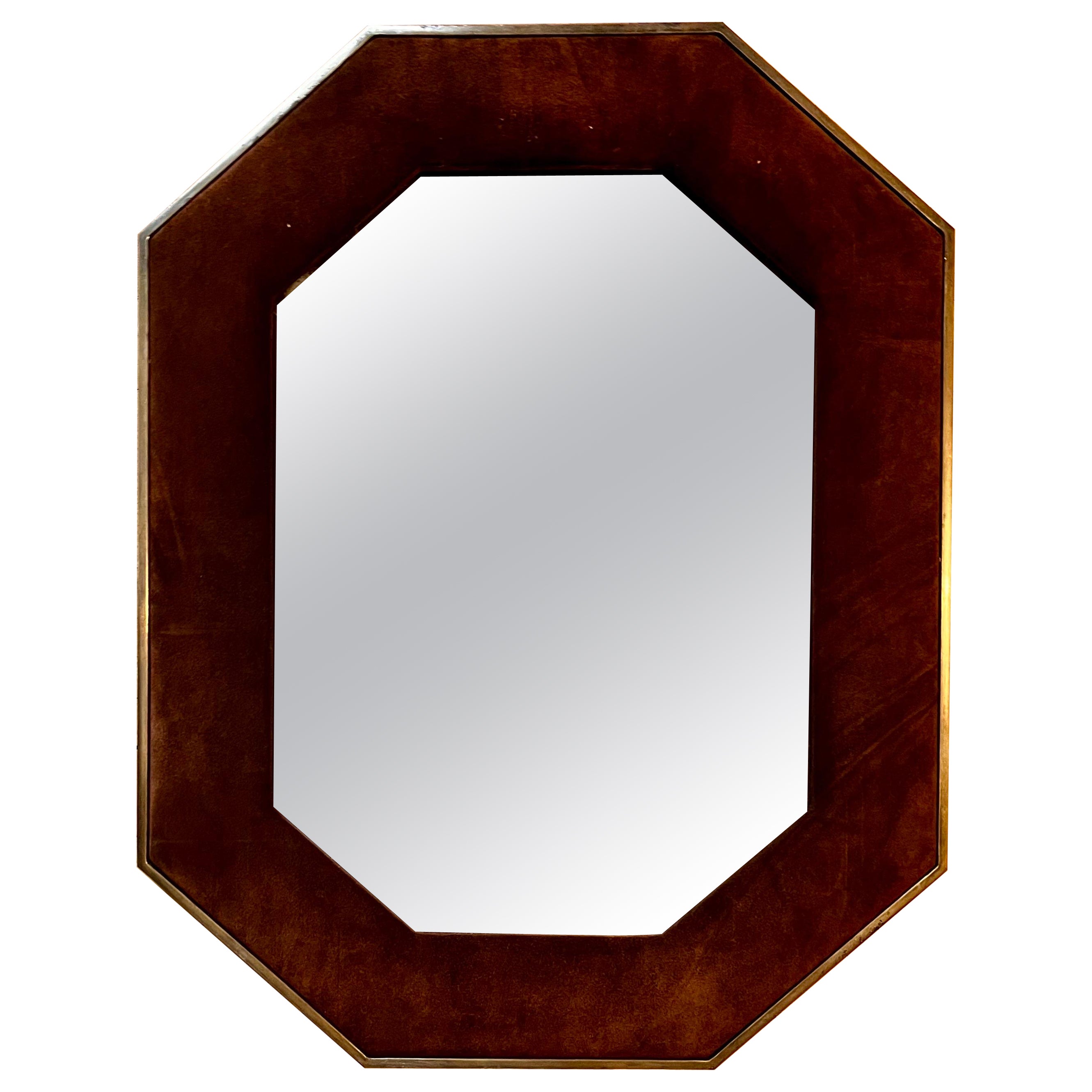 Miroir mural octogonal vintage en laiton et daim brun, 1970 en vente