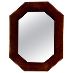 Vintage Octagonal Brass and Brown Suede Wall Mirror, 1970
s