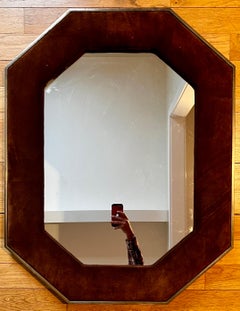Vintage Octagonal Brass and Brown Suede Wall Mirror, 1970
s